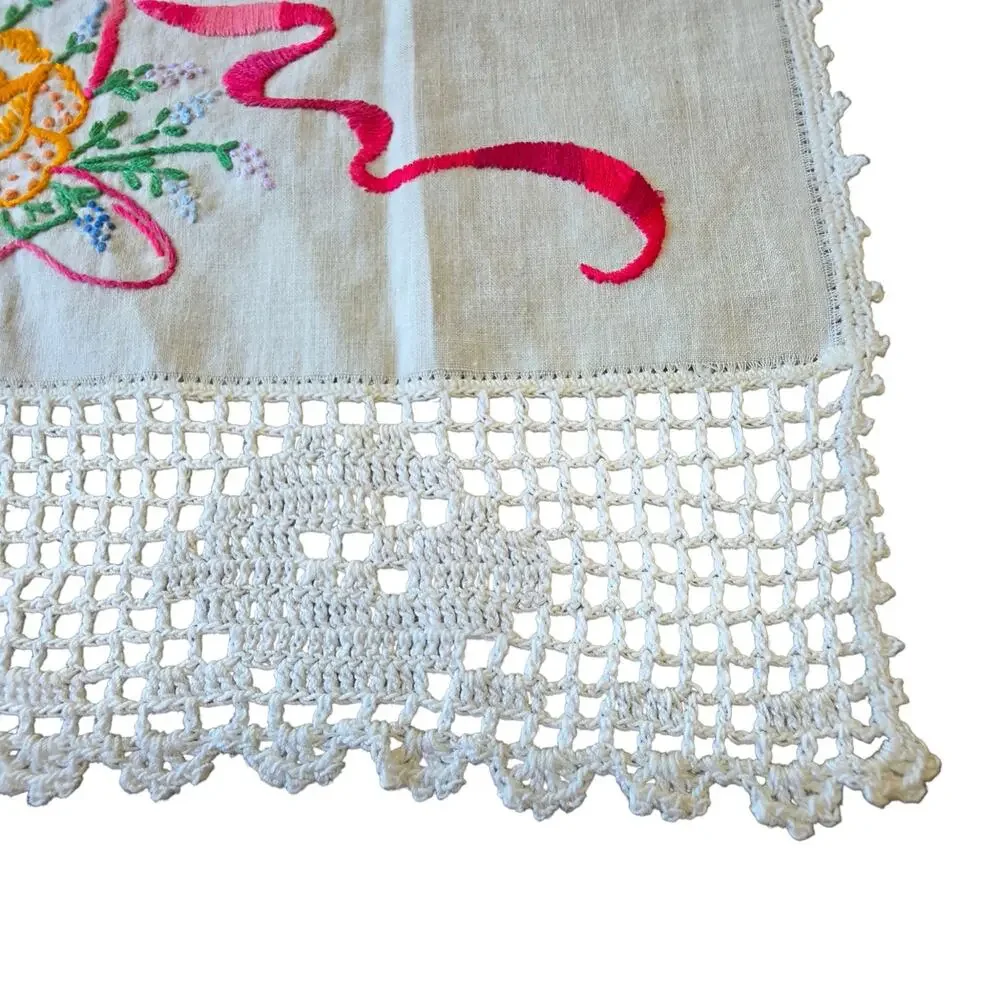 Vintage Floral Basket Embroidered Dresser Scarf Linen Runner Double Sided 32